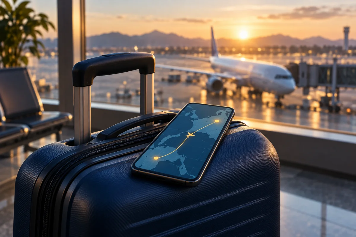 Travel illustration of a smartphone on a suitcase beside an airport window
